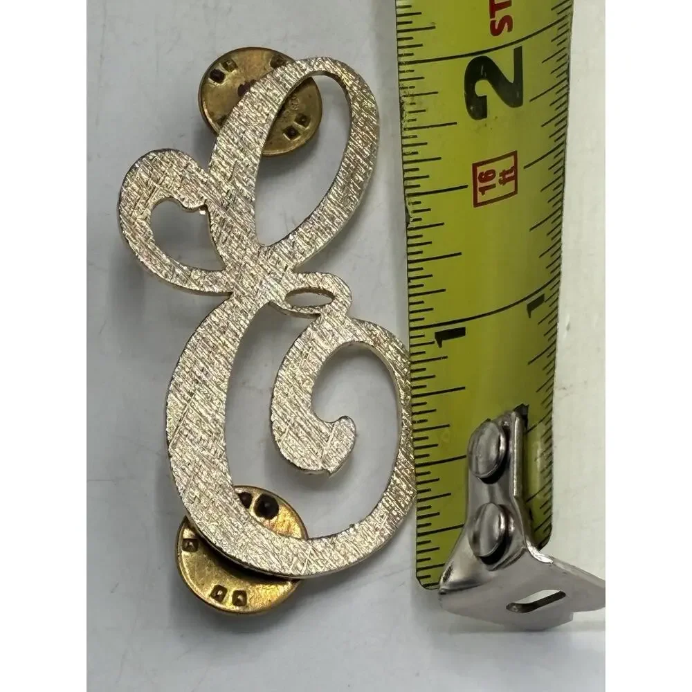 Vintage Gold Tone Script Letter E Initial Brooch Pin Brushed Textured Metal